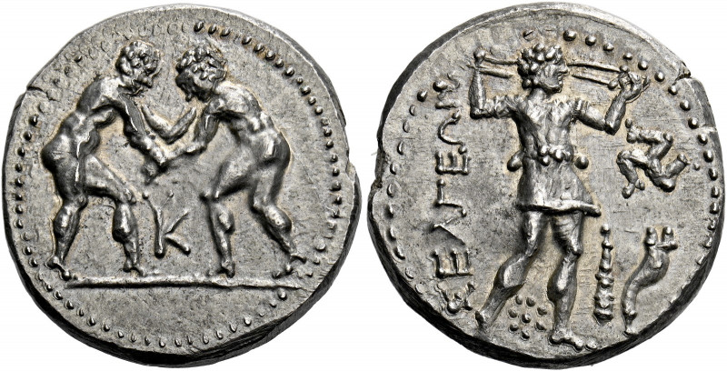 Selge.   Stater circa 325-250, AR 8.51 g. Two wrestlers grappling; in lower midd...