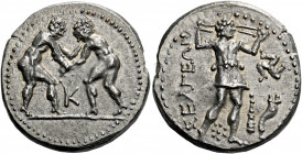 Selge.   Stater circa 325-250, AR 8.51 g. Two wrestlers grappling; in lower middle field, K. Rev. ΣEΛΓEΩN Slinger standing r.; in r. field, triskeles ...