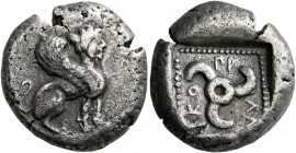 Dynasts of Lycia. Kuprilli circa 470-435.   Stater circa 470-435, AR 7.81 g. Sphynx seated r. Rev. ΚΟ – ΠΡ – ΛΛΕ Triskeles l.; all within a square bea...