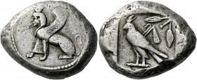 Phoenicia, Byblos.   Shekel third quarter of V century BC, AR 13.42 g. Winged sphynx seated l. Rev. Hawk standing l., wearing the double crown of Egyp...