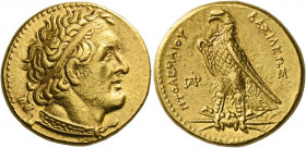 Kings of Egypt, Ptolemy I Soter as king, 305–285.   Pentadrachm, Alexandria circa 294-285, AV 17.82 g. Diademed head r., with aegis around neck. Rev. ...