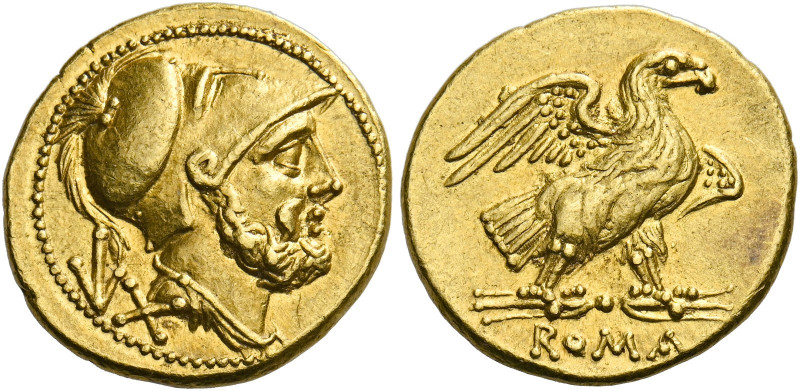    60 Asses circa 211-207, AV 3.36 g. Bearded and draped head of Mars r., wearin...