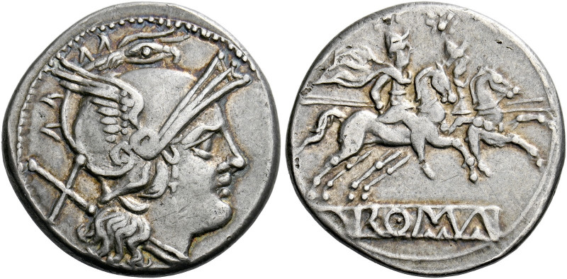    Denarius circa 214-213, AR 3.58 g. Helmeted head of Roma r.; behind, X (very ...
