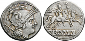    Denarius circa 214-213, AR 3.58 g. Helmeted head of Roma r.; behind, X (very large). Rev. The Dioscuri galloping r.; in exergue, ROMA partially inc...
