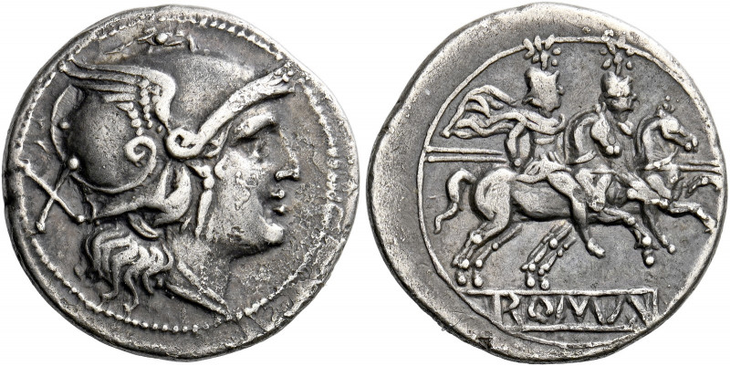    Denarius circa 214-213, AR 3.86 g. Helmeted head of Roma r.; behind, X. Rev. ...