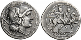    Denarius circa 214-213, AR 3.86 g. Helmeted head of Roma r.; behind, X. Rev. The Dioscuri galloping r.; in exergue, ROMA partially incuse on raised...
