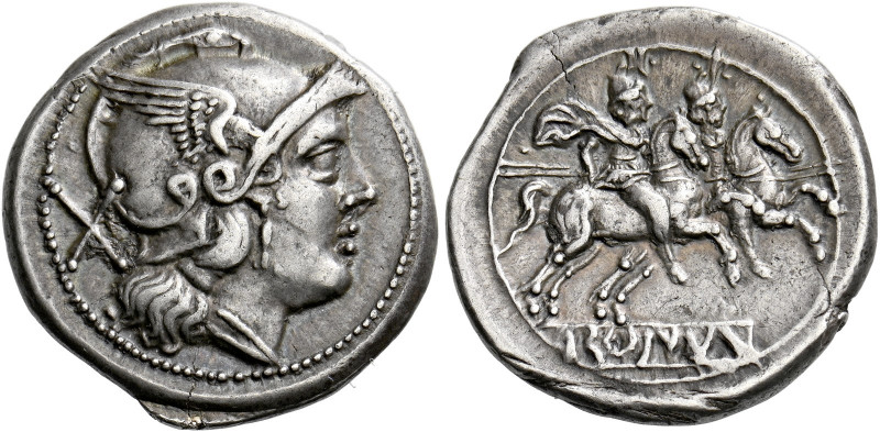    Denarius circa 214-213, AR 4.48 g. Helmeted head of Roma r.; behind, X. Rev. ...