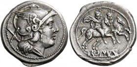    Denarius circa 214-213, AR 4.48 g. Helmeted head of Roma r.; behind, X. Rev. The Dioscuri galloping r.; in exergue, ROMA partially incuse on raised...