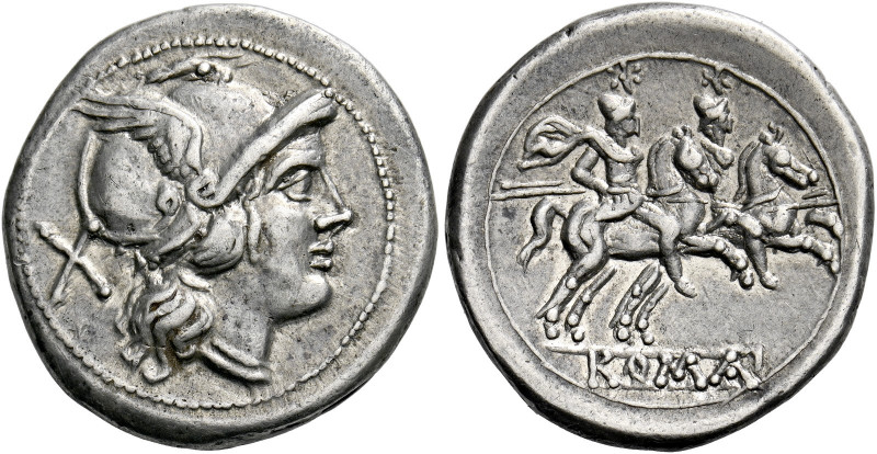    Denarius circa 214-213, AR 4.83 g. Helmeted head of Roma r.; behind, X. Rev. ...