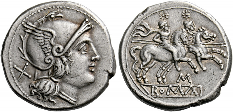    Denarius circa 208, AR 4.55 g. Helmeted head of Roma r.; behind, X. Rev. The ...