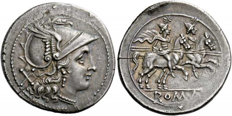    Denarius, South Italy or Sicily after 211, AR 3.96 g. Helmeted head of Roma r...