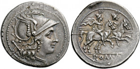    Denarius, South Italy or Sicily after 211, AR 3.96 g. Helmeted head of Roma r.; behind, X. Rev. The Dioscuri galloping r.; below, ROMA in linear fr...