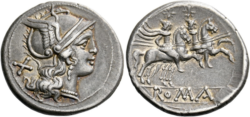    Denarius, Central Italy (?) circa 207, AR 4.11 g. Helmeted head of Roma r.; b...