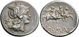    Denarius, Central Italy (?) circa 207, AR 4.11 g. Helmeted head of Roma r.; behind, X. Rev. The Dioscuri galloping r.; below, ROMA in linear frame....