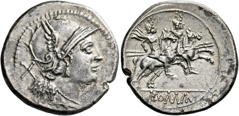    Denarius, uncertain mint after 211, AR 4.57 g. Helmeted head of Roma r.; behi...