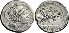    Denarius, uncertain mint after 211, AR 4.57 g. Helmeted head of Roma r.; behind, X. Rev. The Dioscuri galloping r.; in exergue, ROMA. Sydenham –. R...