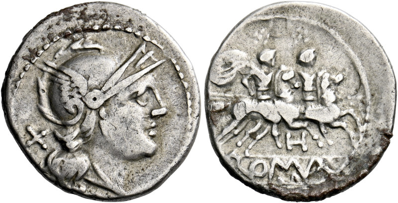    Denarius South East Italy circa 211-210, AR 3.41 g. Helmeted head of Roma r.;...