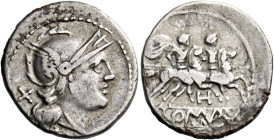    Denarius South East Italy circa 211-210, AR 3.41 g. Helmeted head of Roma r.; behind, X. Rev. The Dioscuri galloping r.; below, H and in exergue, R...