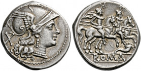    Denarius circa 207, AR 4.08 g. Helmeted head of Roma r.; behind, X. Rev. The Dioscuri galloping r.; below, cornucopiae and ROMA in linear frame. Sy...