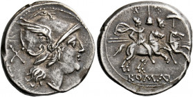    Denarius, Central Italy circa 211-208, AR 4.49 g. Head of Roma r., wearing helmet with straight visor; behind, X. Rev. The Dioscuri galloping r.; a...