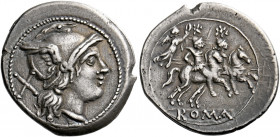    Denarius, Central Italy circa 211-208, AR 4.13 g. Helmeted head of Roma r.; behind, X. Rev. The Dioscuri galloping r.; behind, Victory with wreath....