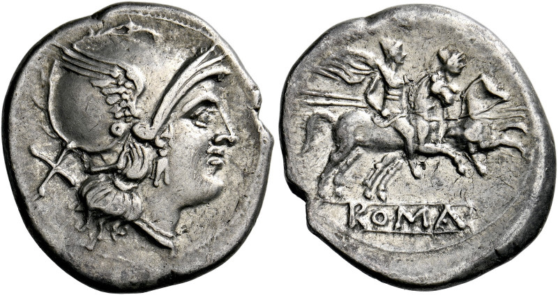    Denarius, Central Italy circa 211-208, AR 4.29 g. Helmeted head of Roma r.; b...