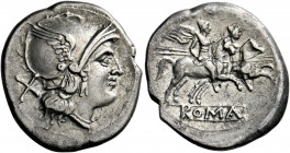    Denarius, Central Italy circa 211-208, AR 4.29 g. Helmeted head of Roma r.; behind, X. Rev. The Dioscuri galloping r.; below, ROMA in partial linea...