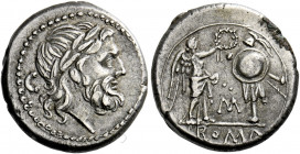    Victoriatus, Sicily circa 211-208, AR 3.23 g. Laureate head of Jupiter r.; behind, C. Rev. Victory standing r., crowning trophy; in field, M and in...