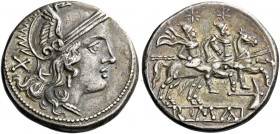    Denarius, Sicily circa 209-208, AR 3.98 g. Helmeted head of Roma r.; behind, X. Rev. The Dioscuri galloping r.; below, dolabella and ROMA in linear...