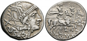    C. Allius. Denarius, Sicily circa 209-208, AR 4.39 g. Helmeted head of Roma r., with loop beneath visor; behind, X. Rev. The Dioscuri galloping r.;...