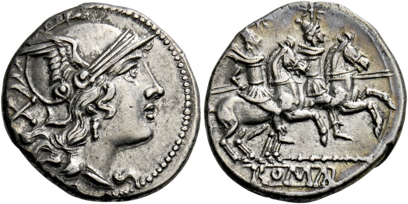    Denarius, Sicily circa 209-208, AR 4.35 g. Helmeted head of Roma r.; behind, ...