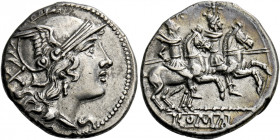    Denarius, Sicily circa 209-208, AR 4.35 g. Helmeted head of Roma r.; behind, X. Rev. The Dioscuri galloping r.; below, staff and ROMA in linear fra...