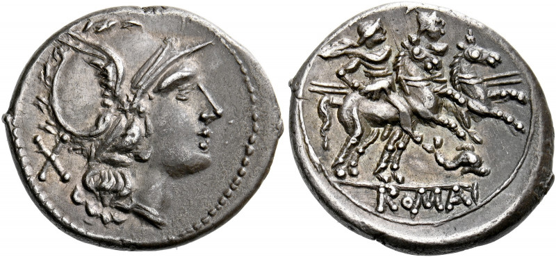    Denarius, Sicily (?) circa 209-208, AR 4.29 g. Helmeted head of Roma r.; behi...