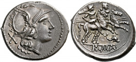    Denarius, Sicily (?) circa 209-208, AR 4.29 g. Helmeted head of Roma r.; behind, X. Rev. The Dioscuri galloping r.; below, dolphin to r. and ROMA i...