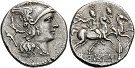    Denarius, South East Italy circa 211-210, AR 3.83 g. Helmeted head of Roma r.; behind, X. Rev. The Dioscuri galloping r.; below, spearhead upright ...