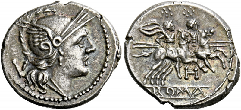    Quinarius, South East Italy circa 211-210, AR 2.81 g. Helmeted head of Roma r...