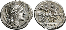   Quinarius, South East Italy circa 211-210, AR 2.81 g. Helmeted head of Roma r.; behind, V. Rev. The Dioscuri galloping r.; below, H and in exergue,...