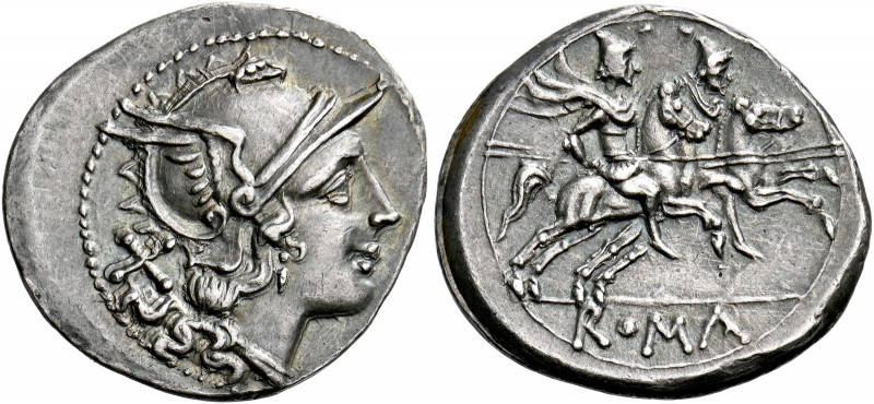    Denarius after 211, AR 3.77 g. Helmeted head of Roma r.; behind, X. Rev. The ...