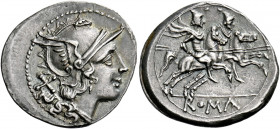    Denarius after 211, AR 3.77 g. Helmeted head of Roma r.; behind, X. Rev. The Dioscuri galloping r.; below, ROMA in linear frame. Sydenham –. RBW 37...