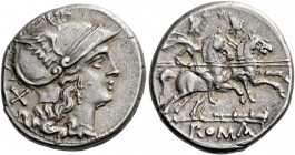    Denarius, South East Italy circa 208, AR 4.41 g. Helmeted head of Roma r.; behind, X. Rev. The Dioscuri galloping r.; below, club set horizontally ...
