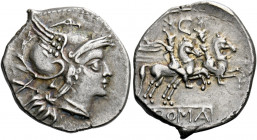    Denarius, Central Italy circa 209-208, AR 4.36 g. Helmeted head of Roma r.; behind, X. Rev. The Dioscuri galloping r.; above, C and below, ROMA in ...