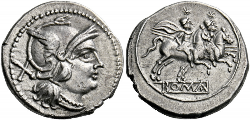    Denarius, Central Italy circa 209-208, AR 4.32 g. Helmeted head of Roma r.; b...