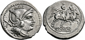   Denarius, Central Italy circa 209-208, AR 4.32 g. Helmeted head of Roma r.; behind, X. Rev. The Dioscuri galloping r.; below, ROMA in linear frame....