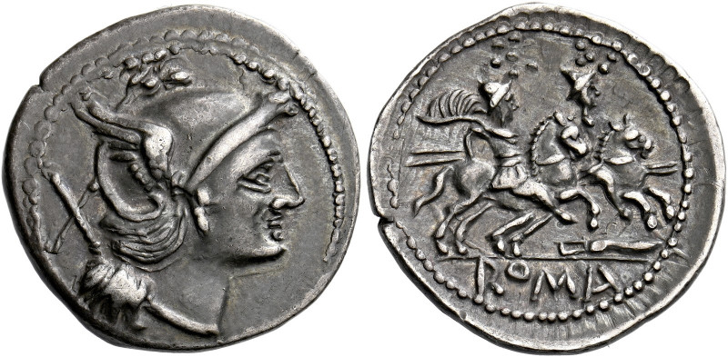    Denarius, Central Italy (?) circa 211-208, AR 3.91 g. Helmeted head of Roma r...