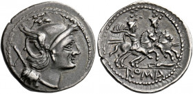    Denarius, Central Italy (?) circa 211-208, AR 3.91 g. Helmeted head of Roma r.; behind, X. Rev. The Dioscuri galloping r.; below, knife and in exer...