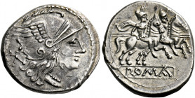    Denarius, circa 211-208, AR 4.08 g. Helmeted head of Roma r.; behind, X. Rev. The Dioscuri galloping r.; below, ROMA in linear frame. Sydenham –. R...