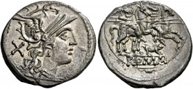    Denarius circa 206-195, AR 3.37 g. Helmeted head of Roma r.; behind, X. Rev. The Dioscuri galloping r.; below, sow r. and ROMA in partial tablet. S...