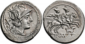    Denarius, circa 206-195, AR 3.18 g. Helmeted head of Roma r.; behind, X. Rev. The Dioscuri galloping r.; below, dog r. In exergue, ROMA in linear f...