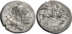    Denarius circa 194-190, AR 3.90 g. Helmeted head of Roma r.; behind, X. Rev. The Dioscuri galloping r.; below, owl r. and ROMA in linear frame. Syd...