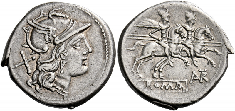    L. Autronius. Denarius circa 189-180, AR 3.82 g. Helmeted head of Roma r.; be...